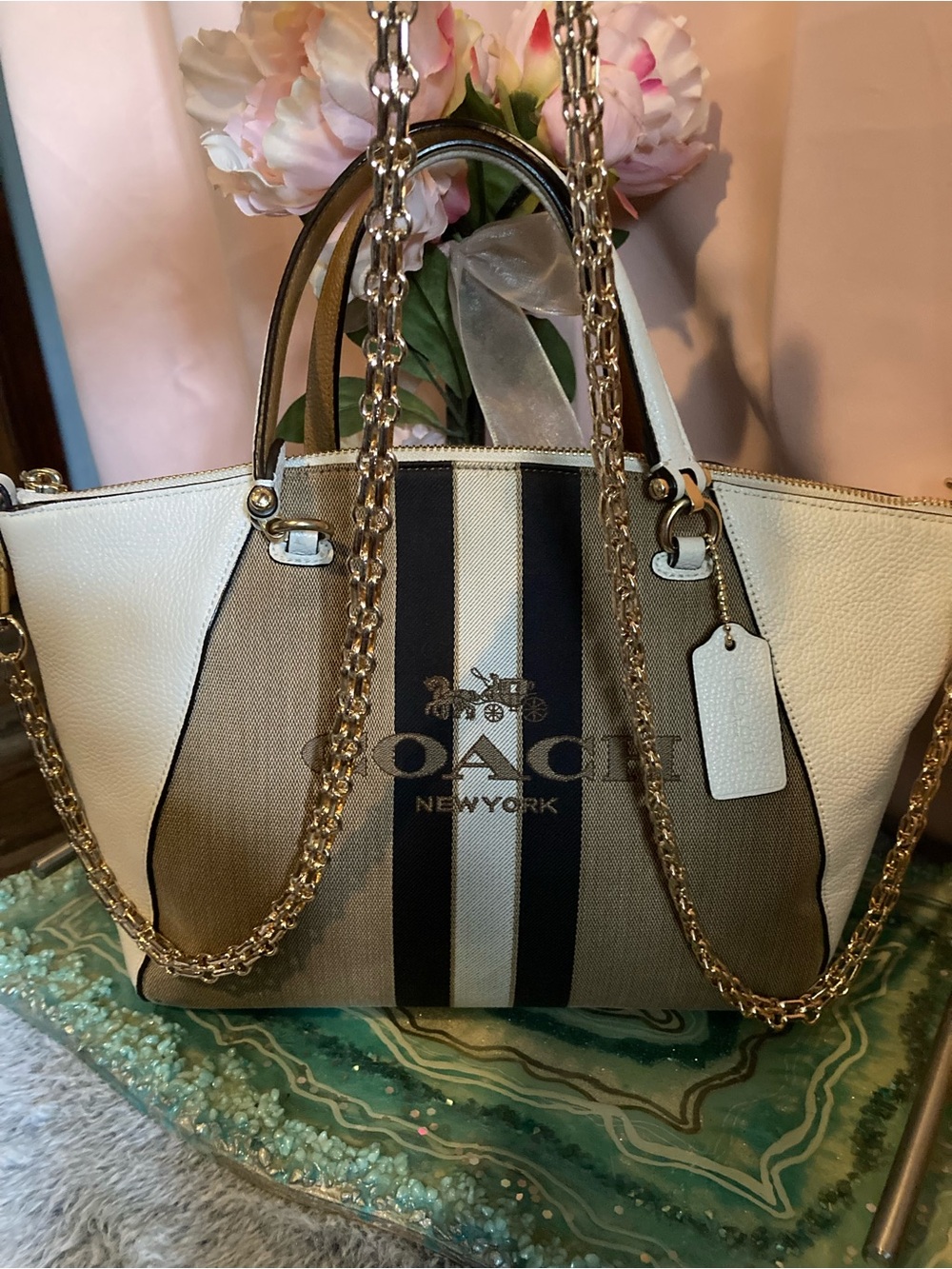 Coach Beige, Brown and Dark Brown Stripe Canvas Tote including gold chain strap